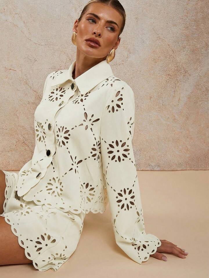 CM-SS089796 Women Elegant Seoul Style Laser Cut Long Sleeve Single-Breasted Blouse With Loose Shorts - Set