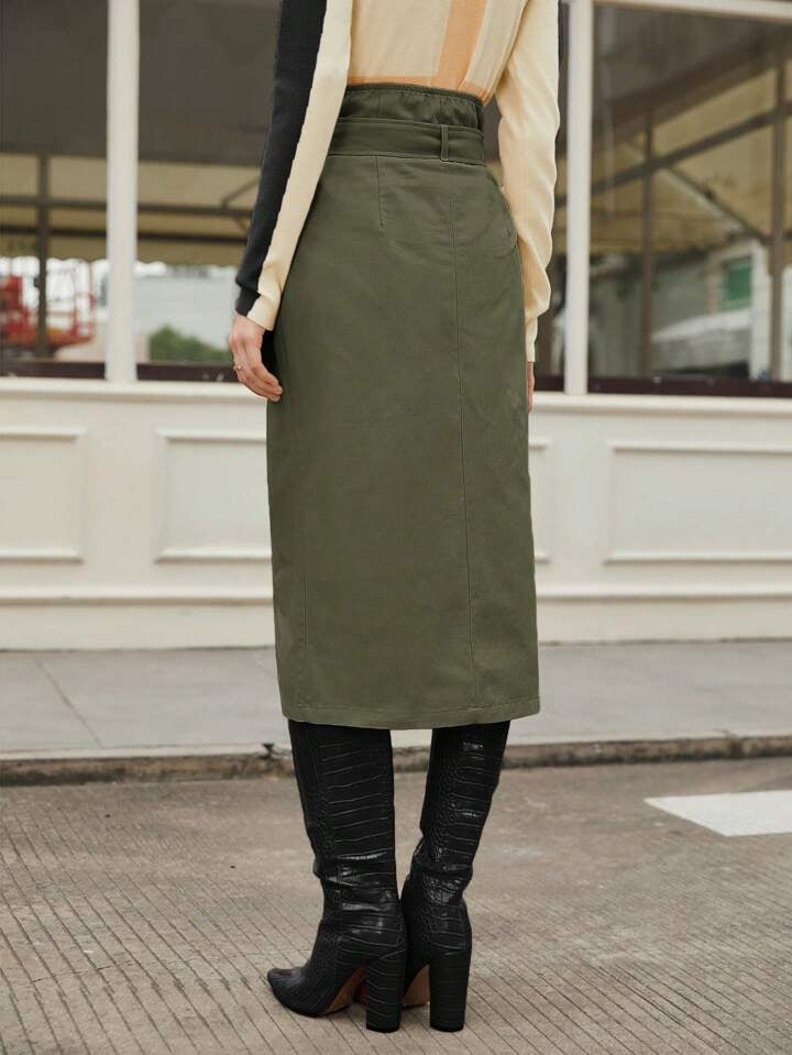 CM-BS042185 Women Casual Seoul Style Flap Pocket Button Front Belted Skirt - Army Green