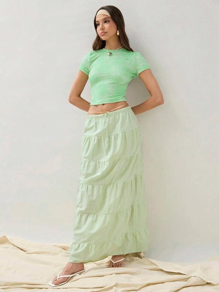 CM-BS019082 Women Trendy Bohemian Style Ultra Low Waist Pleated Maxi Skirt - Mint Green