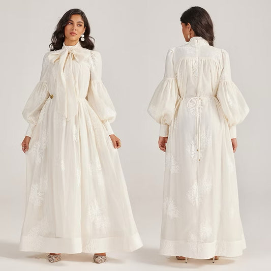 CM-DY055506 Women Elegant European Style Tie Neckline Lantern Sleeve Long Dress (Available in 2 colors)