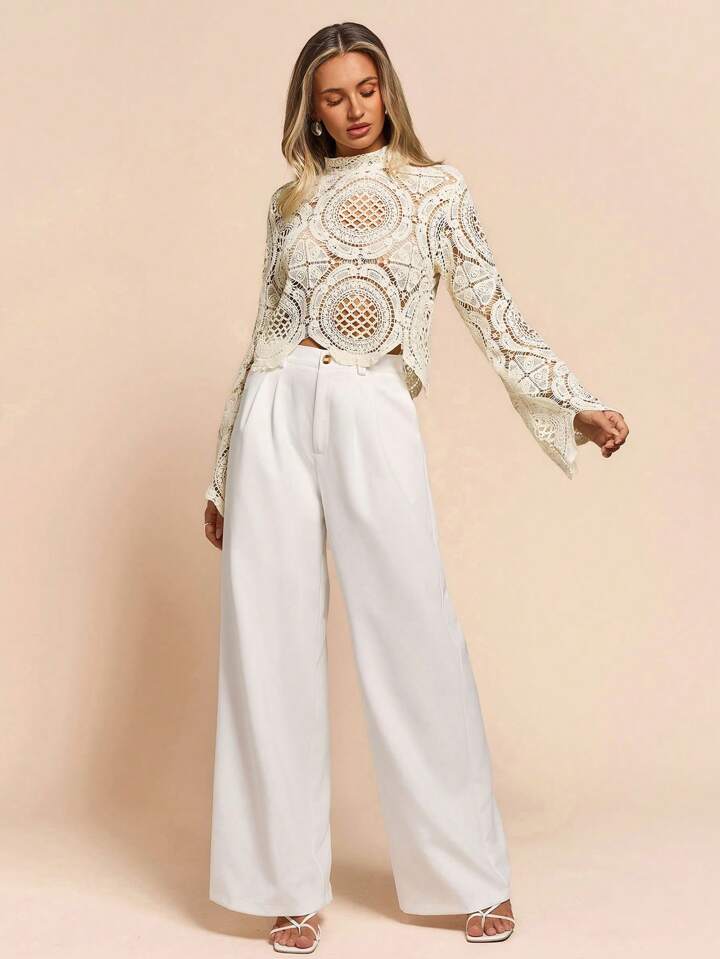 CM-TS990904 Women Casual Seoul Style Stand Collar Lace Hollow-Out See-Through Blouse - Apricot