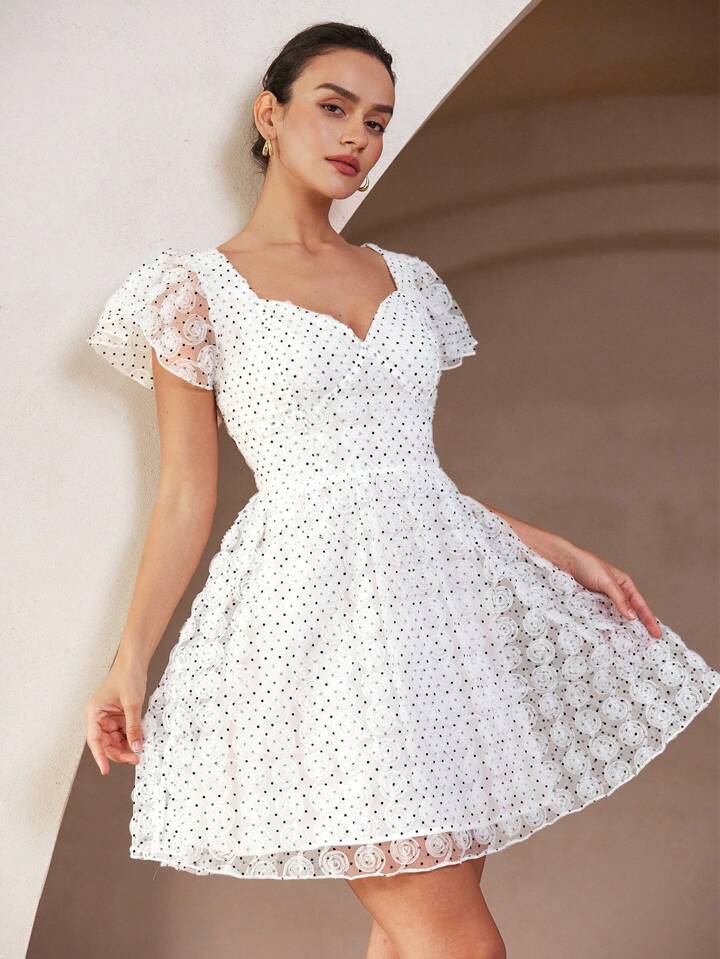 CM-DS996707 Women Elegant Seoul Style Organza See-Through Polka Dot Cap Sleeve Elastic Waist Short Dress