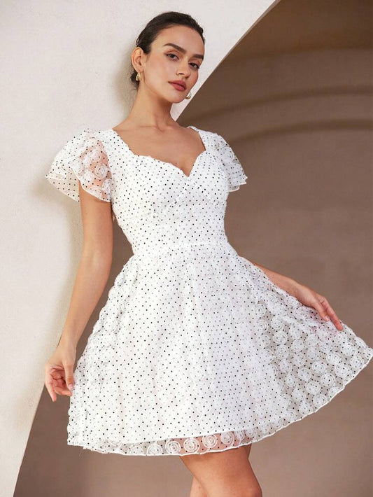 CM-DS996707 Women Elegant Seoul Style Organza See-Through Polka Dot Cap Sleeve Elastic Waist Short Dress