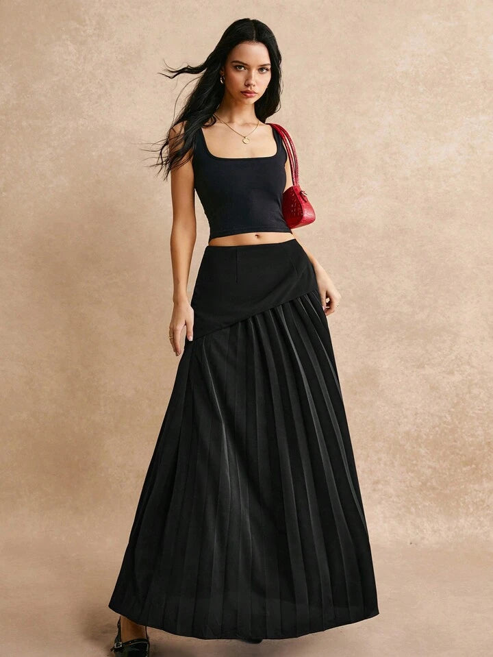 CM-BS137111 Women Elegant Seoul Style High Waist Asymmetric Pleated A-Line Skirt - Black