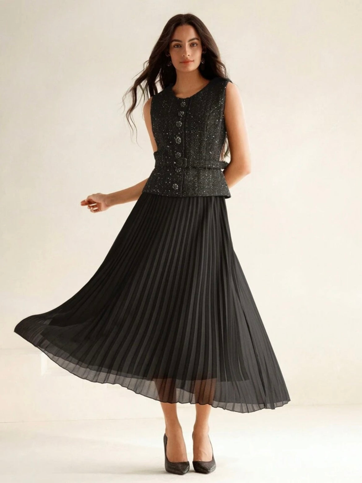 CM-DS544443 Women Elegant Seoul Style Contrast Chiffon Pleated Sleeveless Long Dress - Black