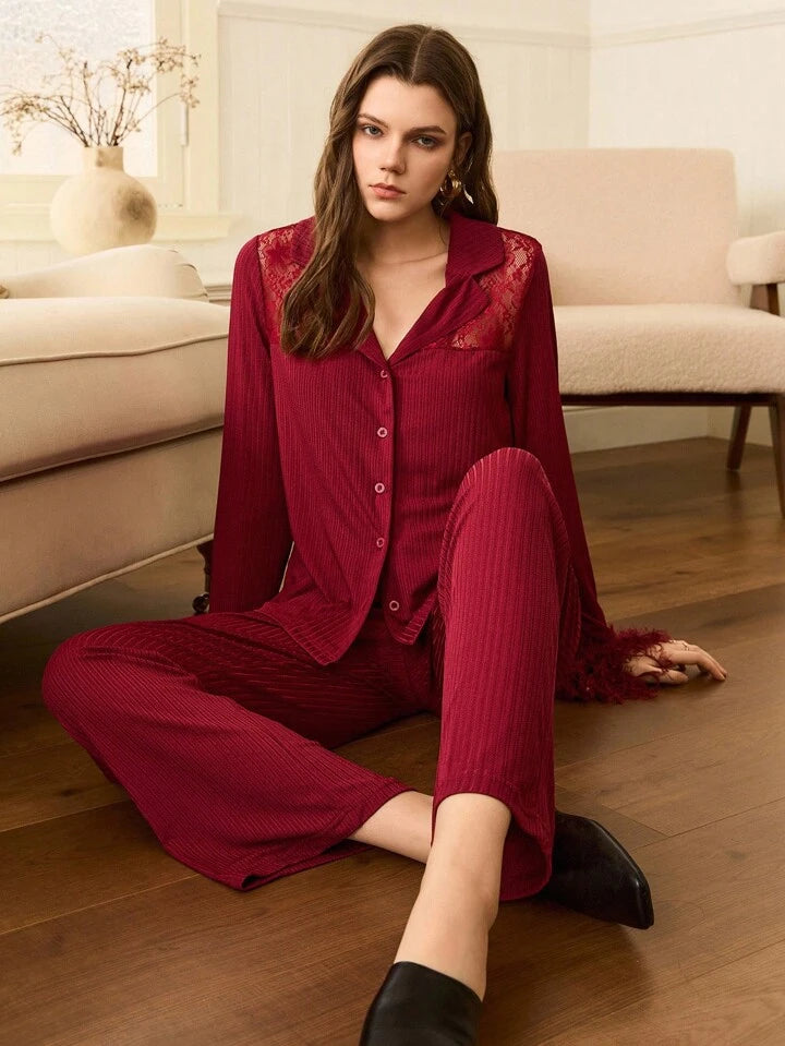 CM-LS646599 Women Trendy Seoul Style Lace Patchwork Cuff Fur Jacquard Knitted Long Sleeve Pajama Set