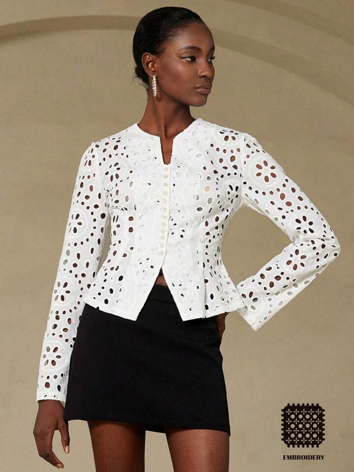 CM-TS807955 Women Trendy Bohemian Style Embroidery Hollow Out Round Neck Flowy Long Sleeve Blouse - White