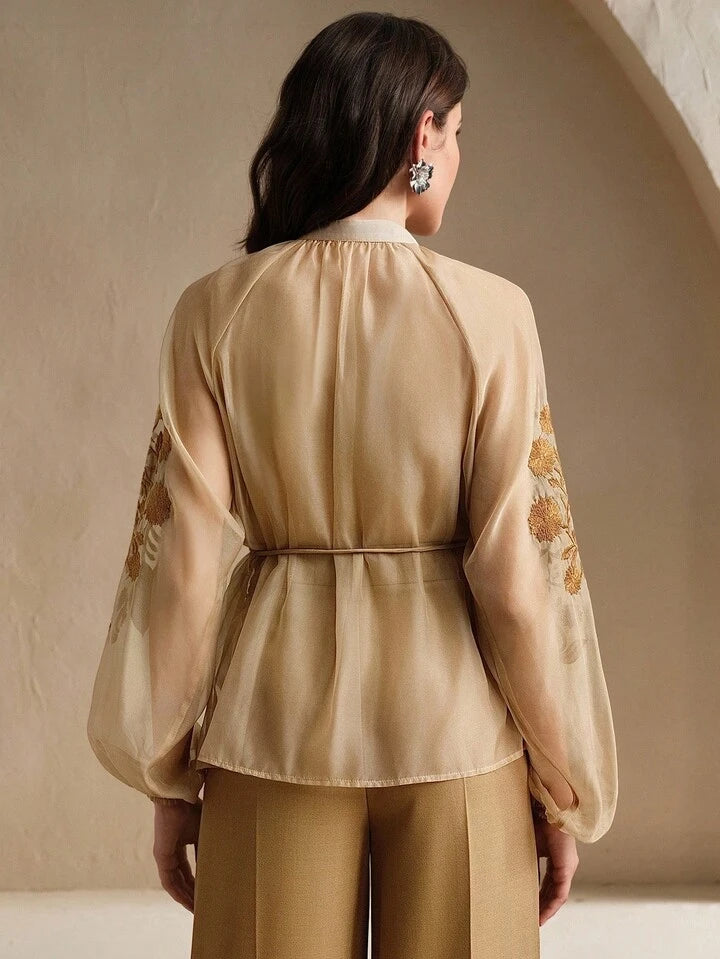 CM-TS116612 Women Elegant Seoul Style Stand Collar Long Sleeve Pleated Embroidered Tie Waist Blouse - Khaki