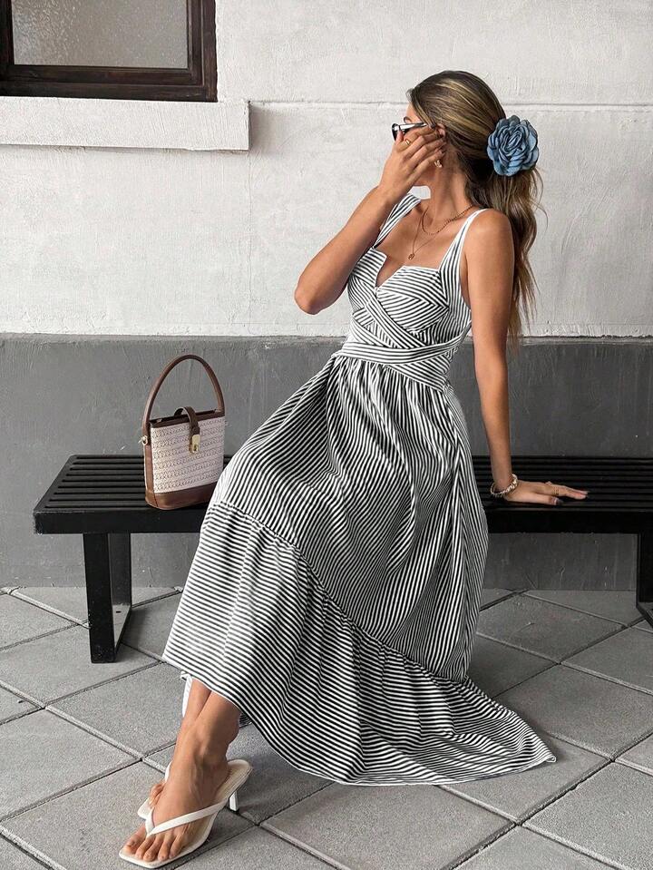 CM-DS395983 Women Trendy Bohemian Style V-Neck Sleeveless Striped Criss-Cross Dress - Black