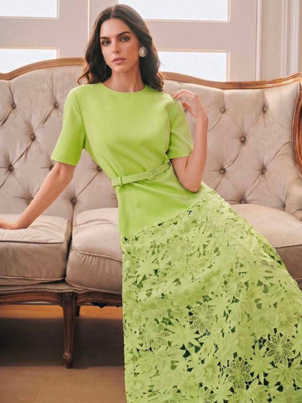 CM-DS406854 Women Elegant Seoul Style Round Neck Short Sleeve Water-Soluble Lace Patchwork A-Line Dress - Green