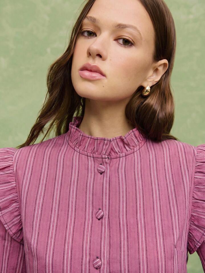 CM-JS310763 Women Casual Seoul Style Ruffled Collar Puff Sleeve Wide Leg Pinstripe Jumpsuit - Red