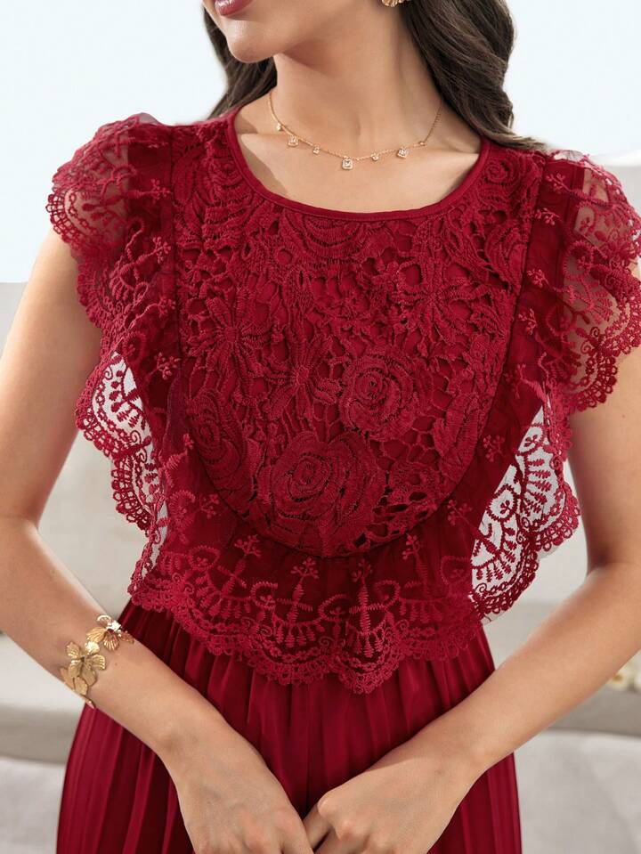 CM-JS550455 Women Elegant Seoul Style Solid Color Embroidered Lace Trim Pleated Wide Leg Jumpsuit