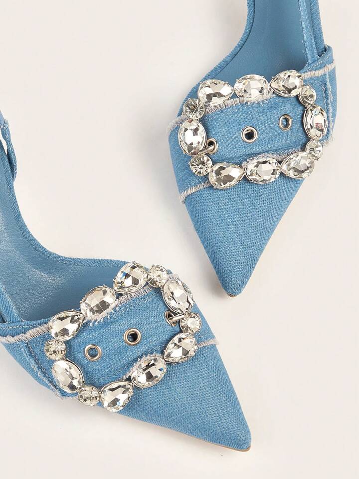 CM-SHS503732 Women Trendy Seoul Sytyle High Heel Denim Fabric Point Toe Pumps - Blue