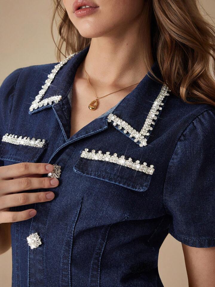 CM-DS054044 Women Casual Seoul Style Rhinestone Decor Front Button Collar Neckline Short Sleeve Mini Denim Dress