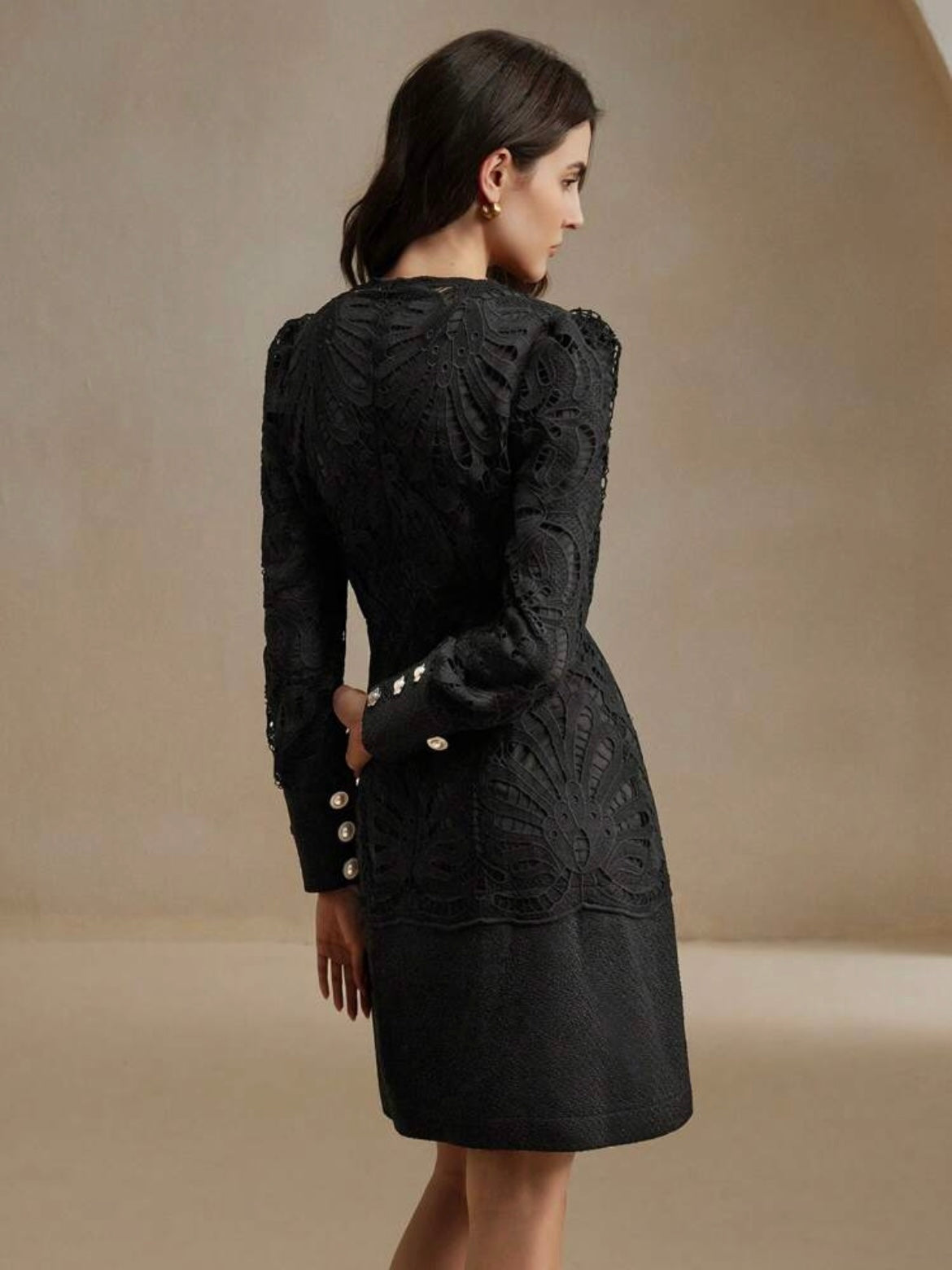 CM-DS848781 Women Elegant Seoul Style Stand Collar Long Sleeve Lace Patchwork Cheongsam Dress - Black