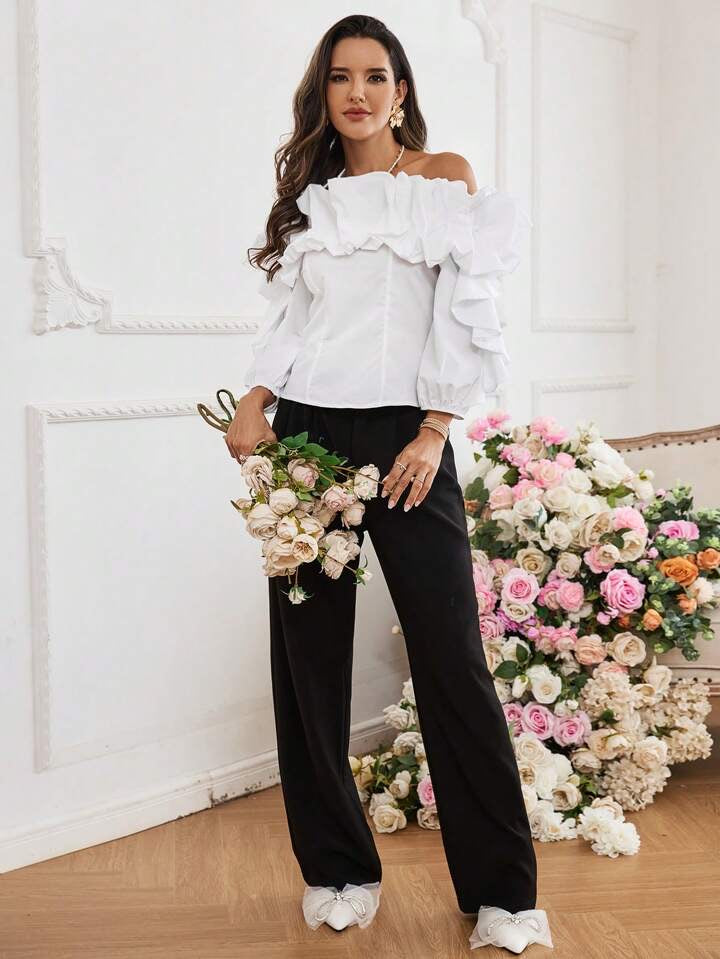 CM-TS435043 Women Elegant Seoul Style Off The Shoulder Exaggerated Ruffle Hem Shirt