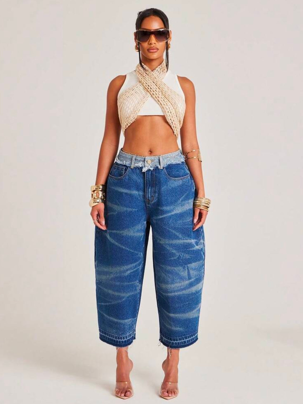 CM-BS065804 Women Casual Seoul Style Medium Wash Cutoff Waistband Baggy Loose Fit Oversized Bermuda Denim Shorts