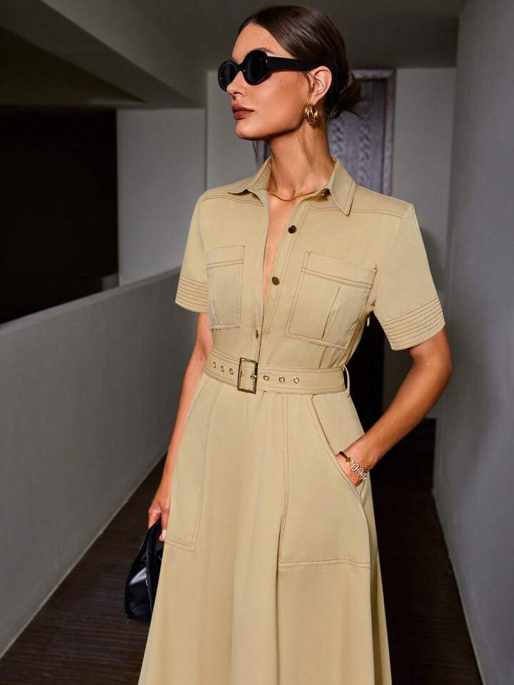 CM-DS136677 Women Elegant Seoul Style Denim-Like Collared Contrast Color Short Sleeve Belted Dress - Khaki
