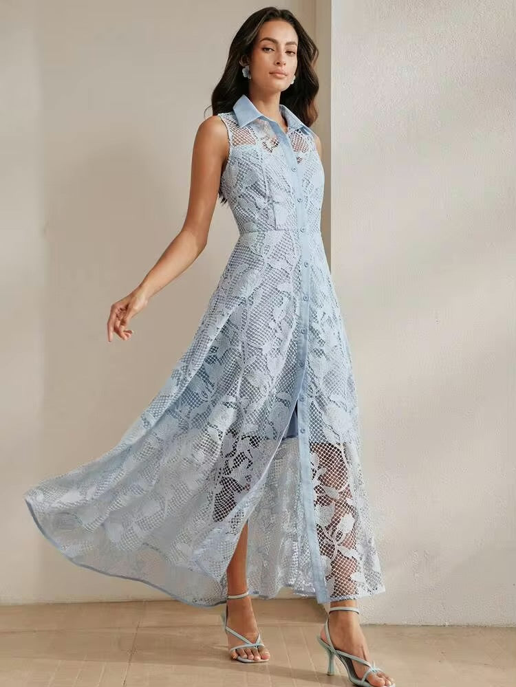 CM-DS689993 Women Elegant Seoul Style Collar Neckline Sleeveless Lace Patchwork Waist Cinched A-Line Dress - Blue