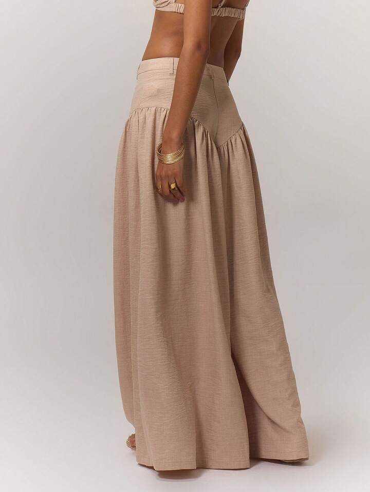 CM-BS602311 Women Trendy Bohemian Style Solid Color Wide-Legged Maxi Skort - Apricot