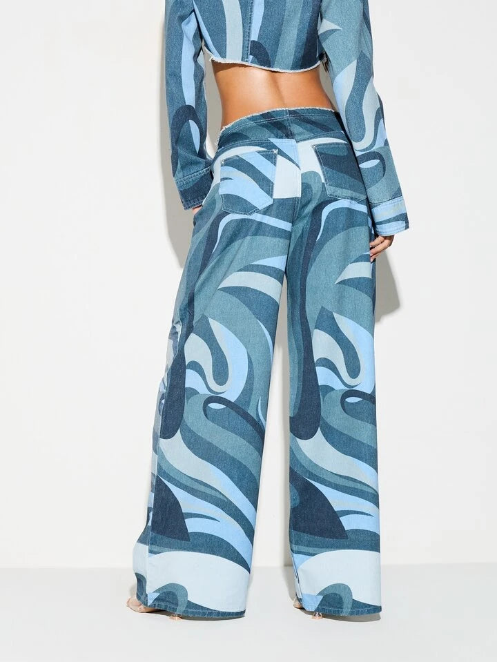 CM-BS494154 Women Elegant Seoul Style Swirl Print Low Waist Flowy Wide Leg Palazzo Jeans