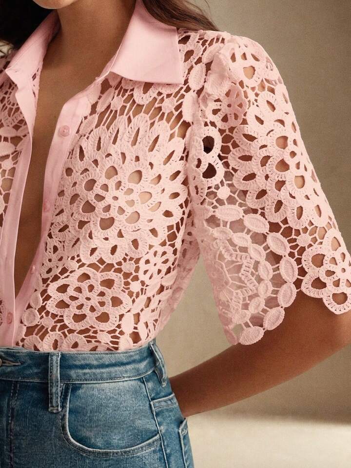CM-TS474111 Women Casual Seoul Style Collar Neckline Half Sleeve Floral Hollow Out Lace Shirt Blouse - Pink