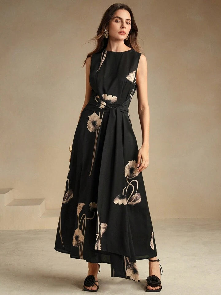 CM-DS243293 Women Elegant Seoul Style Round Neck Sleeveless Floral Printed A-Line Maxi Dress - Black