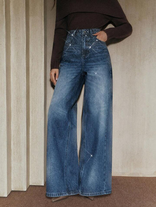 CM-BS052931 Women Elegant Seoul Style Dark Wash Mid Waist Baggy Flared Leg Pants