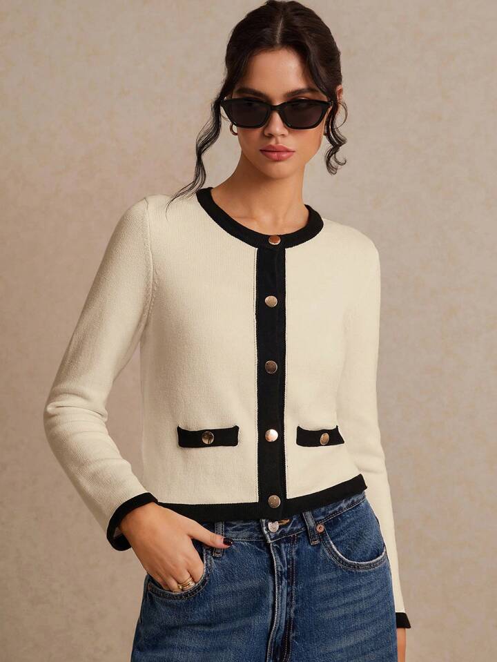 CM-CS885110 Women Casual Seoul Style Color Block Long Sleeve Trim Metal Button Front Knit Cardigan