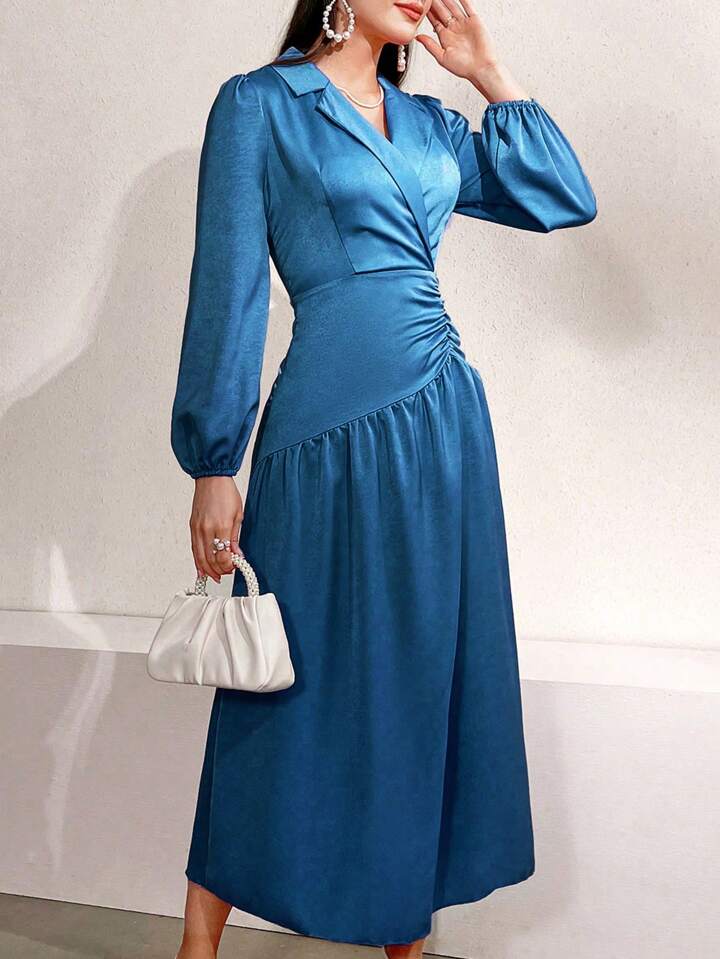 CM-DS641797 Women Casual Seoul Style Turn-Down Collar Lantern Sleeve Pleated Dress - Blue