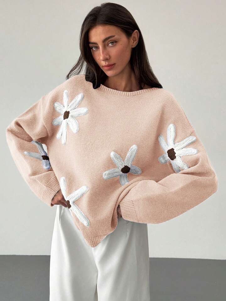 CM-CS463499 Women Casual Seoul Style 3D Floral Decoration Loose Fit Long Sleeve Sweater - Apricot