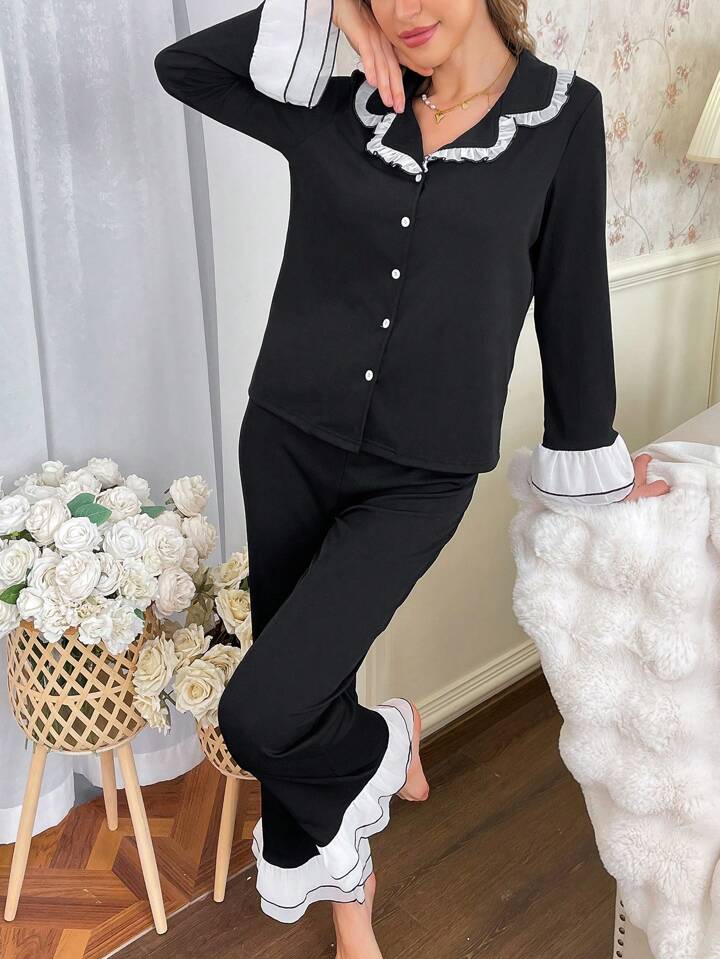 CM-LS918970 Women Trendy Seoul Style Colorblock Ribbed Cardigan With Pants Pajama Set - Black