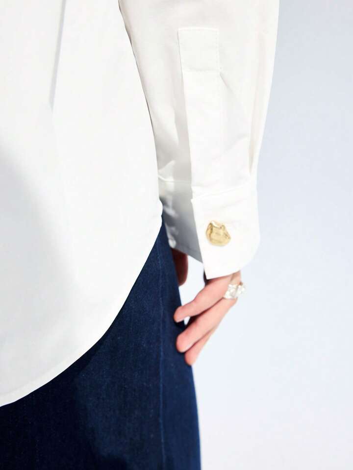CM-TS827052 Women Casual Seoul Style Solid Collar Neckline Drop Shoulder Long Sleeve Blouse - White