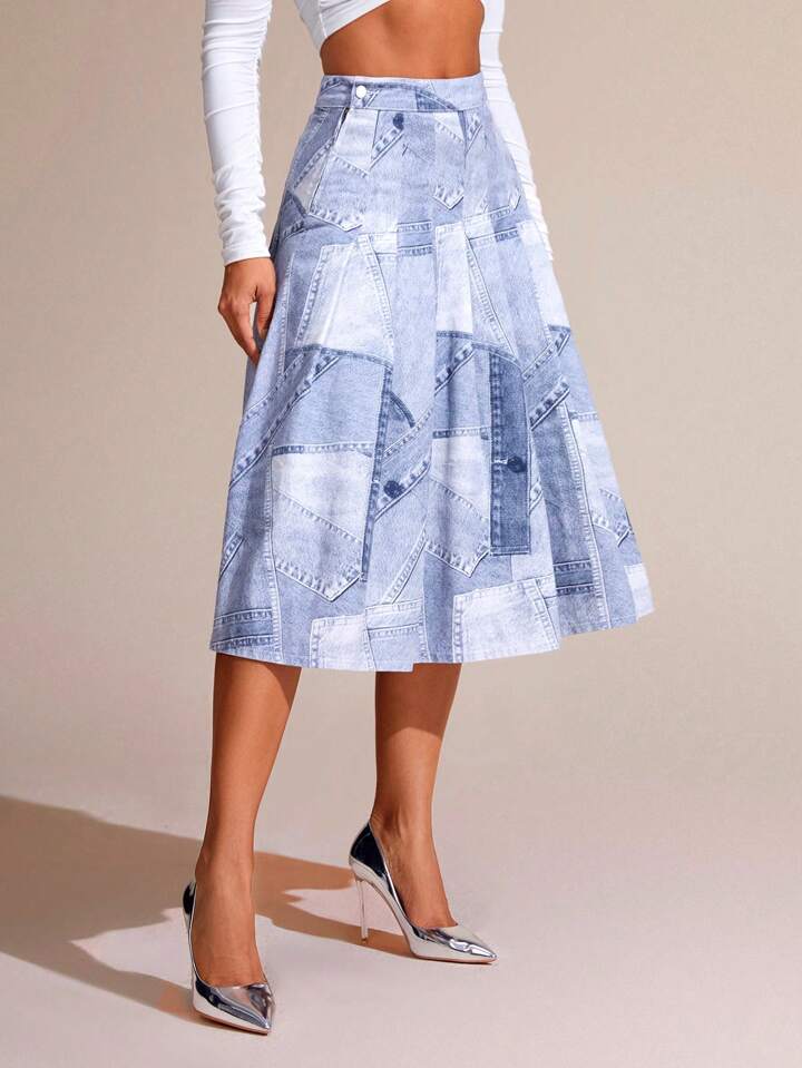 CM-BS406940 Women Casual Seoul Style Printed Patchwork Midi Denim Skirt With Slit