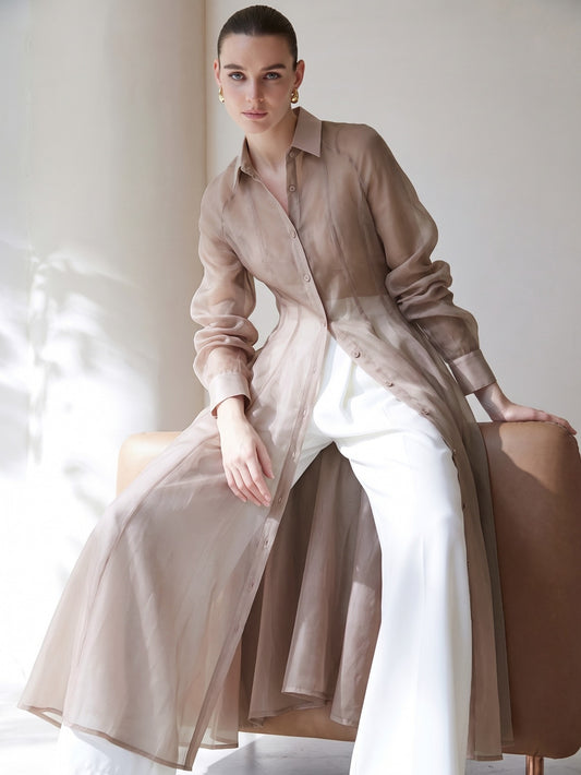 CM-TS813513 Women Casual Seoul Style Translucent Textured V-Neck Long Sleeve Gathered Waist Shirtdress