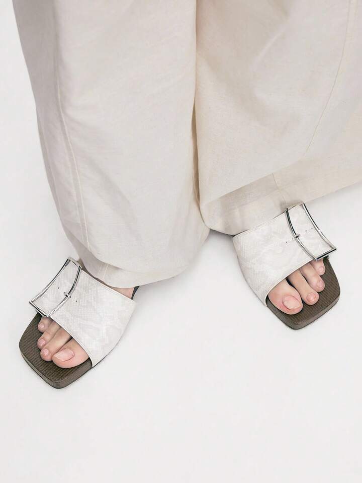 CM-SHS493873 Women Trendy Seoul Style Wooden Slip-On With Large Buckle PU Wedge Sandals - White