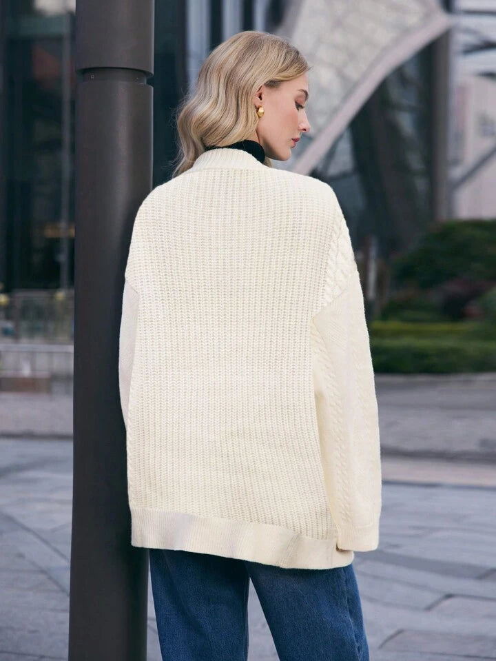 CM-CS539199 Women Casual Seoul Style V-Neck Drop Shoulder Long Sleeve Cardigan Sweater - Apricot