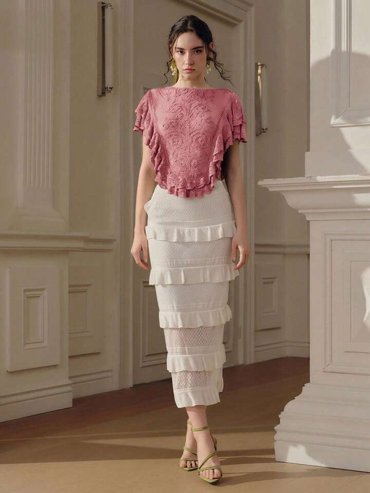 CM-TS415052 Women Elegant Seoul Style Round Neck Sleeveless Elastic Ruffled Hem Cropped Top - Pink