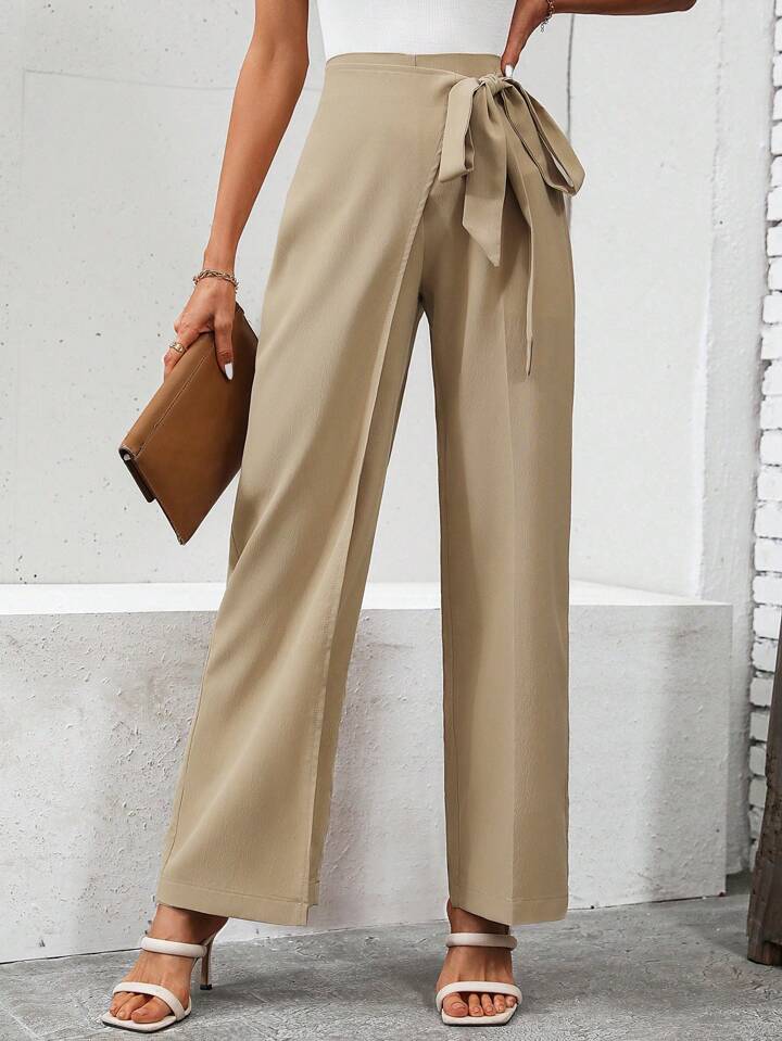 CM-BS320708 Women Casual Seoul Style High Waist Knot Side Pants - Khaki