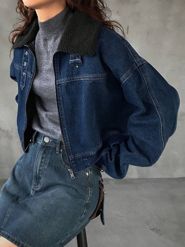 CM-CS538908 Women Casual Seoul Style Long Sleeve Loose Hem Crop Denim Jacket With Furry Collar - Blue