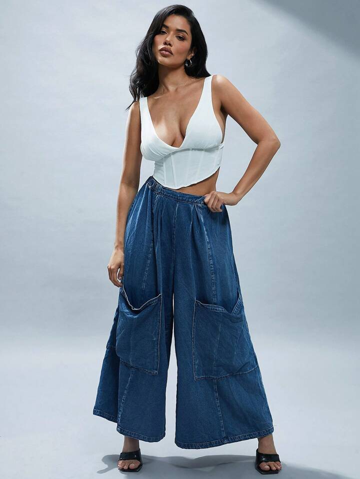 CM-BS112775 Women Casual Seoul Style Dark Wash Oversized Pockets Ultra Wide Leg Jeans