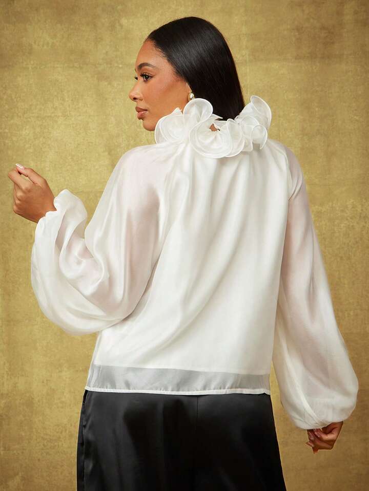 CM-TS479533 Women Elegant Seoul Style Ivory Sheer Organza Balloon Sleeve Bow Tie Ruffle Detail Blouse