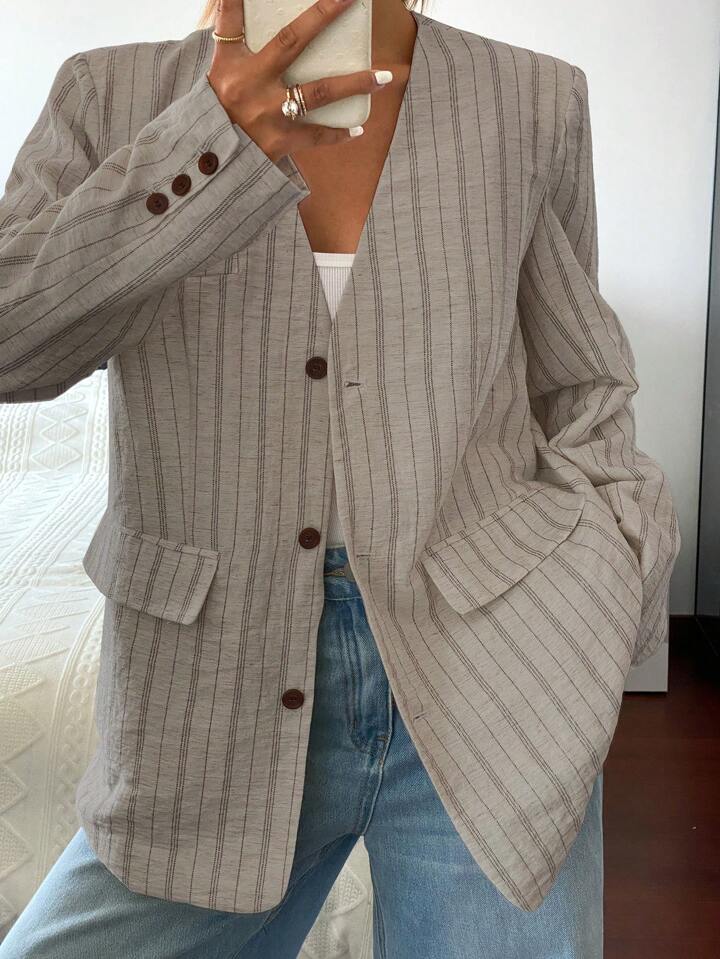 CM-CS450578 Women Casual Seoul Style V-Neck Long Sleeve Striped Loose Fit Linen Jacket - Gray