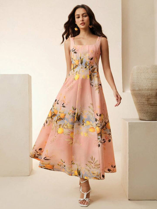 CM-DS571404 Women Trendy Bohemian Style Lemon Print Square Neck Sleeveless Mid Waist Maxi Dress