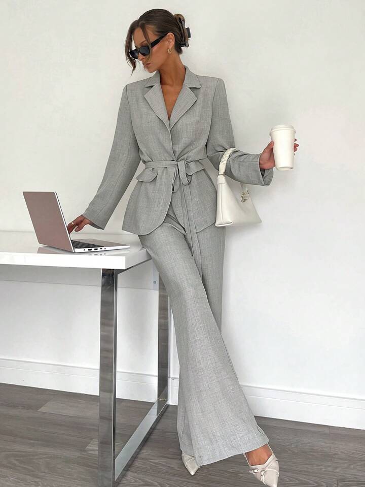 CM-SS205960 Women Elegant Seoul Style Loose Belted Long Sleeve Suit Jacket With Straight Trousers - Set