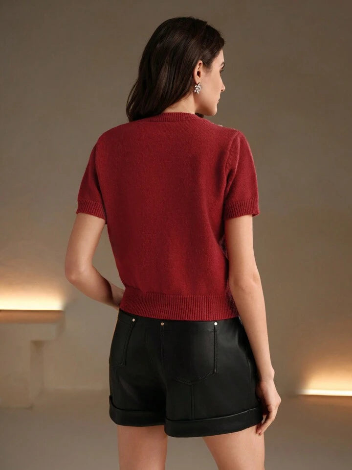 CM-TS049571 Women Casual Seoul Style Round Neck Short Sleeve Embroidered Rhinestone Embellished Knit Top - Red