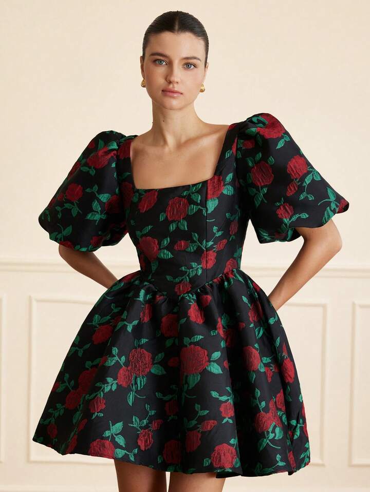CM-DS647648 Women Elegant Seoul Style Contrast Color Floral Jacquard Square Collar Puff Sleeve Short Dress