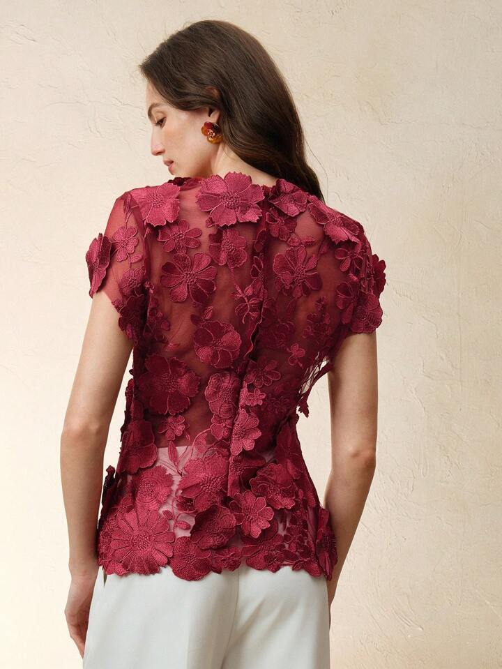 CM-TS380489 Women Elegant Seoul Style Round Neck Flounce Sleeve Embroidery Floral Applique Blouse - Rose Red