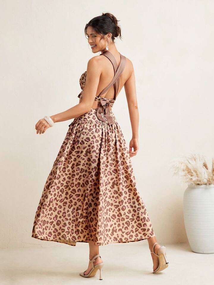 CM-BS390910 Women Elegant Seoul Style High Waist Leopard Print Bow Details Midi Skirt