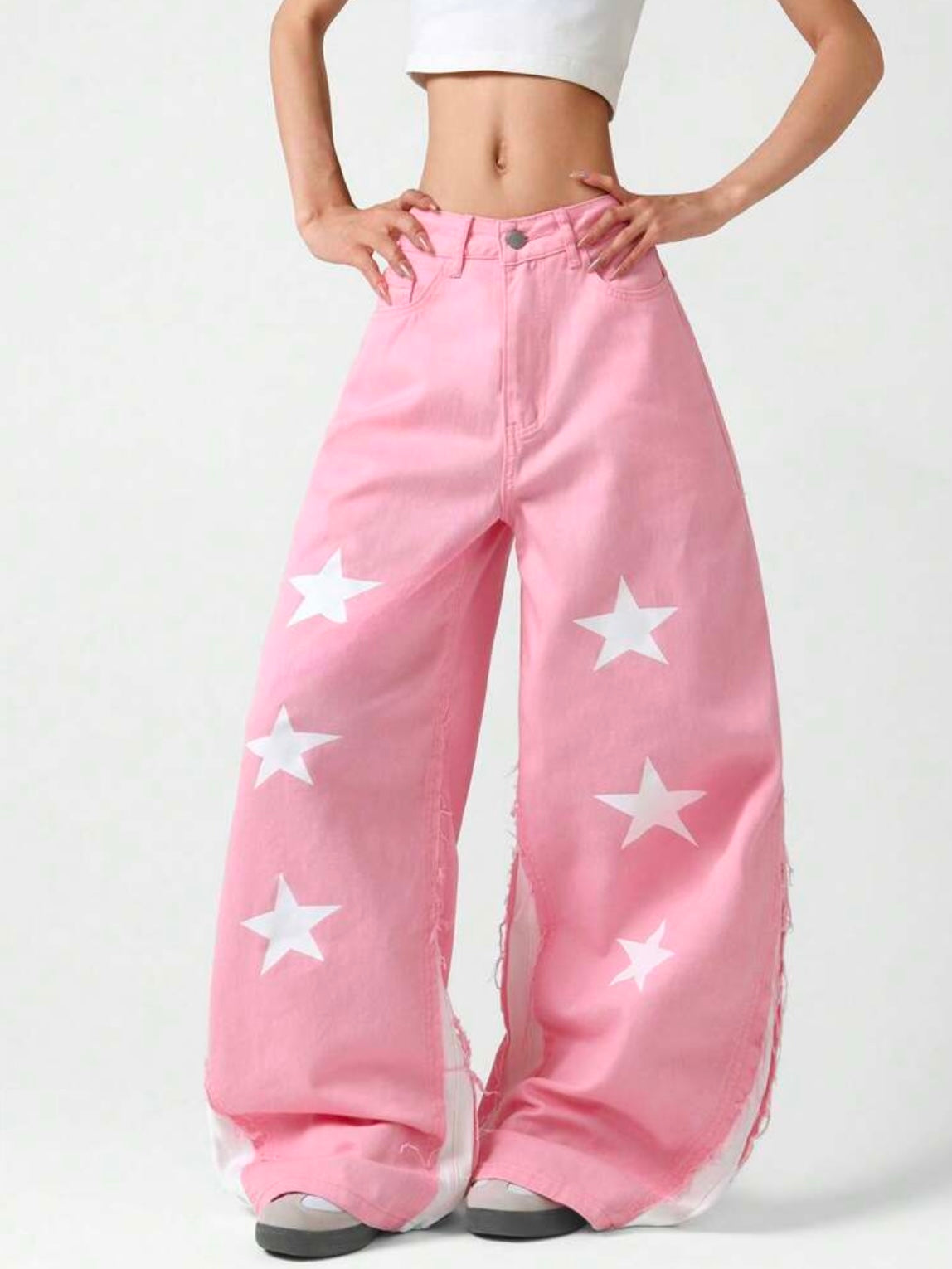 CM-BS311893 Women Casual Seoul Style Mid Waist Printed Patchwork Loose Wide Leg Denim Jeans - Pink